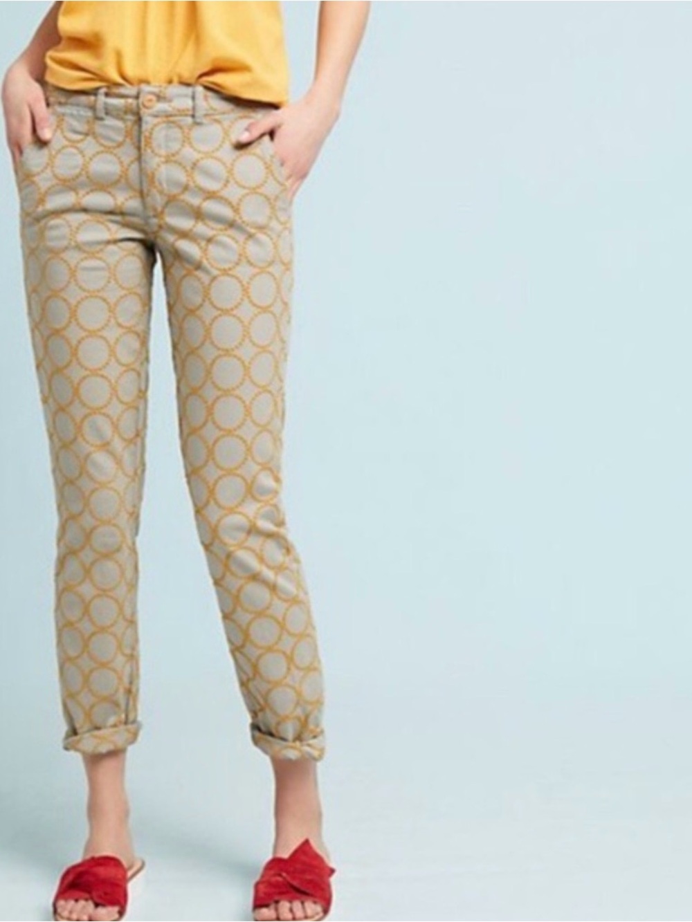 ANTHROPOLOGIE Circle Embroidered Relaxed Chino Pants Size 30 Cotton Stretch